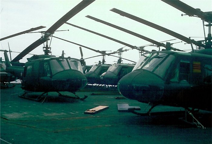 South Vietnamese UH-1 helicopters aboard USS Midway in 1975