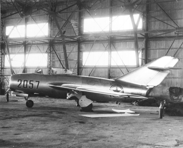 Defector North Korean pilot Lieutenant No Kum Sok's MiG-15 secured in a hangar at Kimpo Air Base in South Korea in 1953