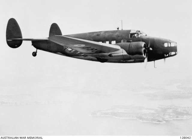 RAAF No. 1 Squadron Lockheed Hudson (A16-35) in flight near Sydney Heads circa 1940. This Hudson operated in Western Java during the Japanese invasions of early 1942. On February 22nd, 1942 at Semplak aerodrome (devoid of anti-aircraft defences) this Hudson was one of six destroyed on the ground during a strafing attack by approximately twenty Japanese A6M Zero fighters