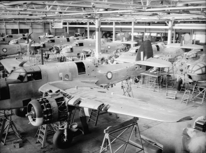Bristol Beaufort Mk.VIII torpedo bombers under production at the Department of Aircraft Production (DAP) plant in Fisherman's Bend, Melbourne circa 1943 RAAF