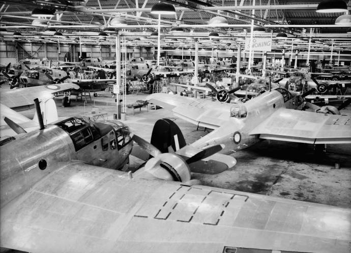 RAAF Bristol Beaufort Mk.VIII torpedo bombers under construction at the Department of Aircraft Production (DAP) plant in Fisherman's Bend, Melbourne circa 1943 (Photo Source: US Library of Congress)