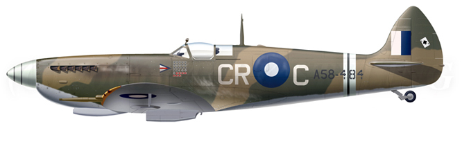 Spitfire Mk.Vlll flown by Caldwell at No. 80 Squadron RAAF 1945 (Artwork from MarkStyling.com)