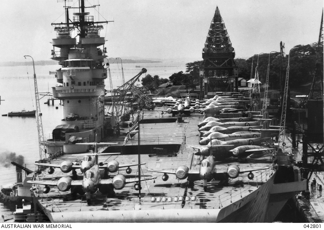 New RAAF Meteors in Singapore on the way to Korea in 1951 aboard HMS Unicorn