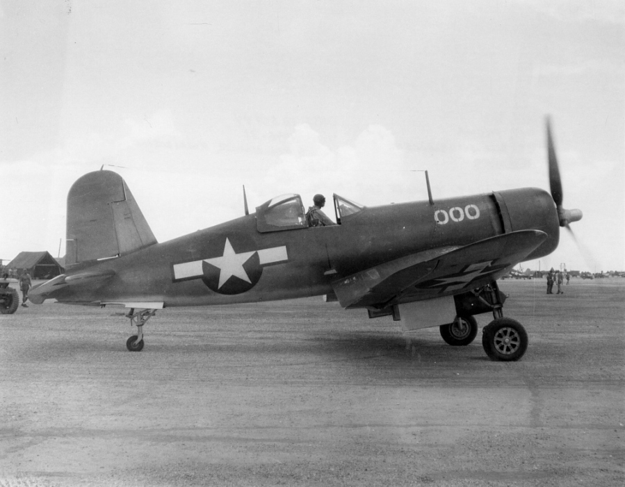 Charles Lindbergh is reportedly at the controls of this F4U Corsair of VF-24 at Roi-Namur Kwajelein (Marshall Islands) in 1944