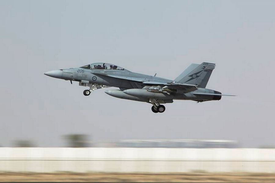RAAF F/A-18F Super Hornet takes of on another mission during Operation OKRA in October 2014 Middle East