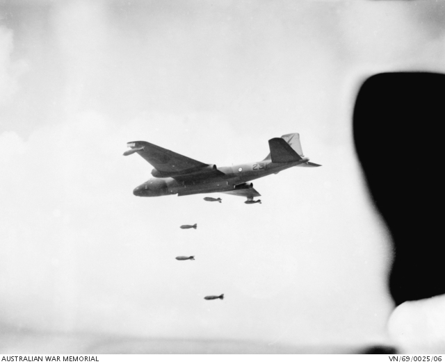 RAAF Canberra bomber releases its load of six 750-pound (340 kilogram) bombs onto a target in the Mekong Delta in April 1969. In November 1970 this aircraft became the first of the No 2 Squadron RAAF bombers to be lost on operations, disappearing with its two-man crew without a trace in the Da Nang area 