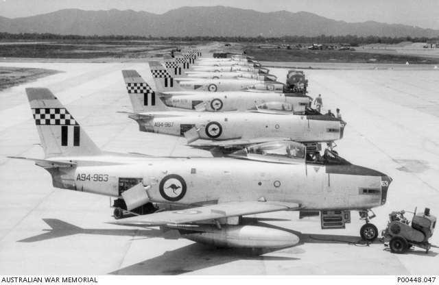 No. 77 Squadron CAC Sabre fighters on the tarmac at Townsville awaiting deployment to RAAF Butterworth in Malaya in 1959 (Photo Source: Australian War Memorial)