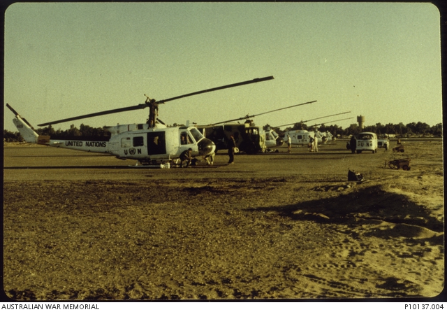 RAAF UH-1H helicopters on landing field of the United Nations Emergency Force II (UNEF II) in the Sinai circa 1976-1979