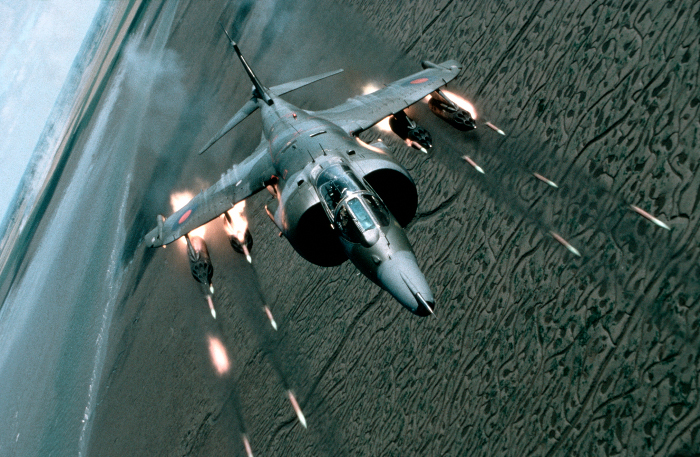 RAF Harrier GR.3 firing entire salvo of 4 rocket pods