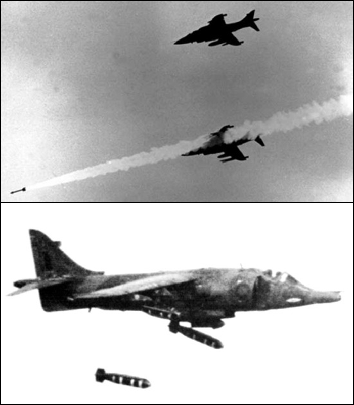 Sea Harrier launches an AIM-9 Sidewinder and a Harrier Gr.3 drops cluster bombs over the Falklands in 1982