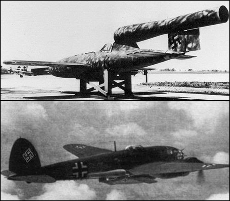 Luftwaffe Fieseler Fi 103R Reichenberg and one aboard a Heinkel He-111 bomber