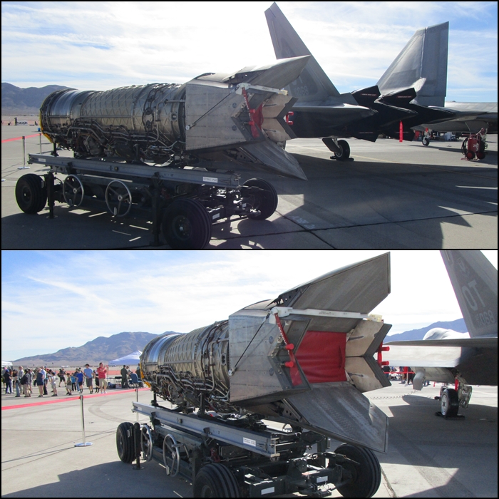 The F-22 Pratt & Whitney F119-PW-100 turbofan engine features an afterburner with two-dimensional thrust vectoring nozzles (Aviation Nation 2014)
