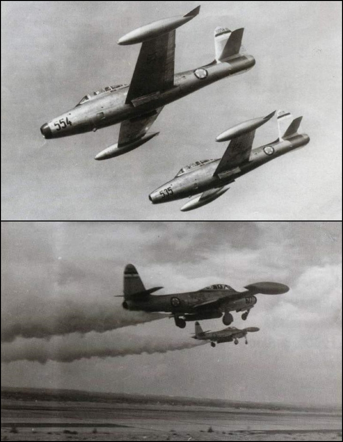 Yugoslav Air Force Republic F-84G Thunderjet fighter-bombers with the bottom image showing a Jet Assisted Take-Off (JATO)