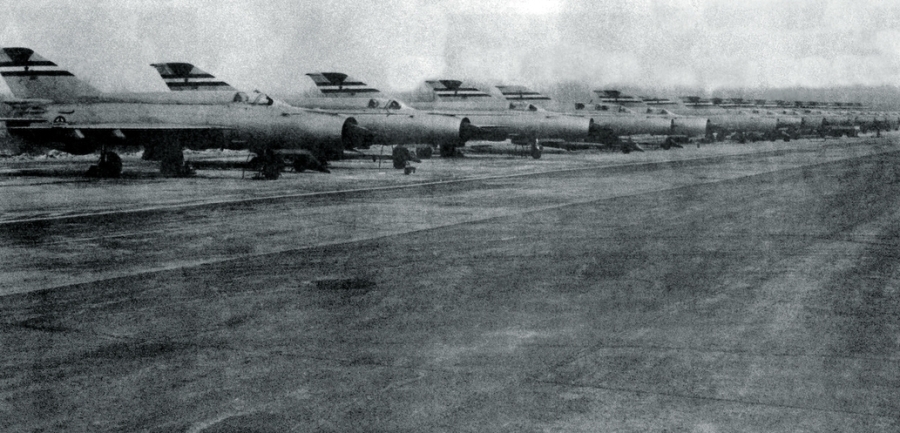 Yugoslav Air Force late model MiG-21 Fishbed fighters on the flightline of Željava Airbase