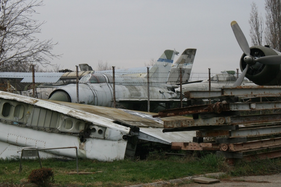 MiG-21bis Fishbed fighter with a Republic F-84G Thunderjet (right) and North American F-86E Sabre (left) behind it Serbian AF Boneyard Belgrade