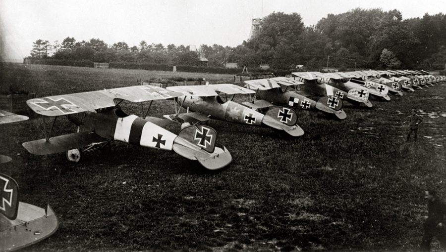 Imperial German Air Service Jasta 5 Albatros D.III and D.V scout fighters at Boistrancourt, France in July 1917