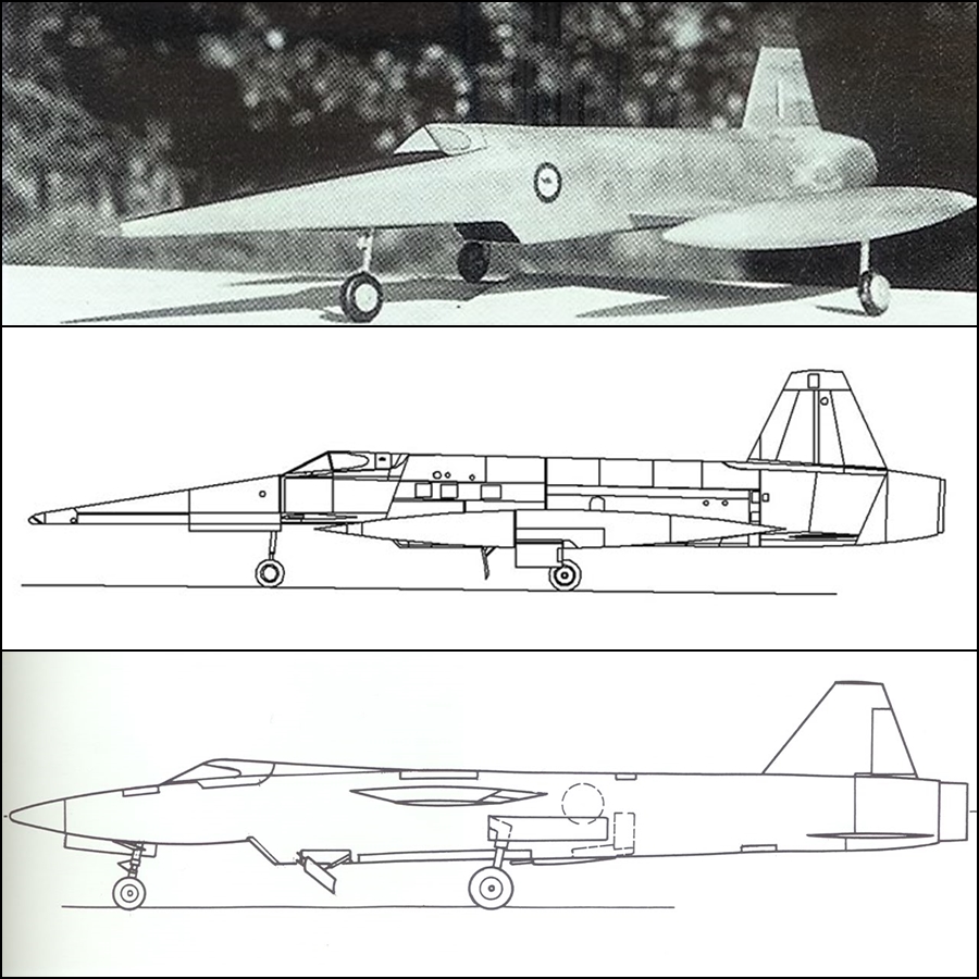 A CAC XP-65 Warrior model and line drawing (top and middle) and XP-68 interceptor line drawing