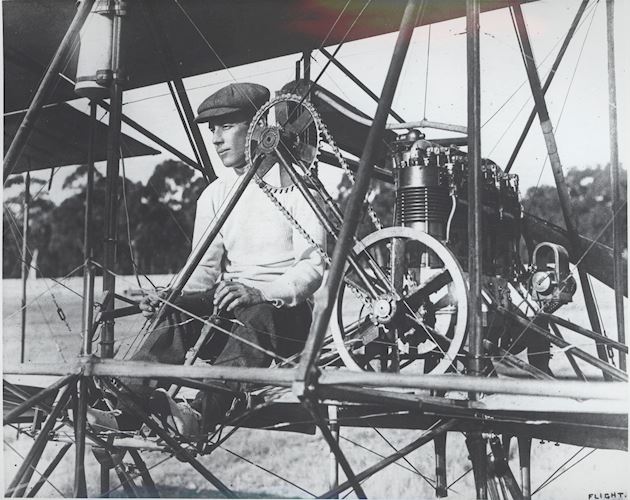 John R. Duigan at the controls of his Biplane Pusher aircraft circa 1911