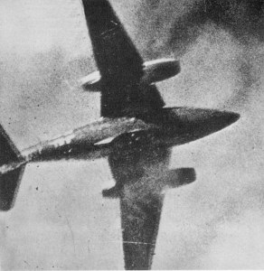 Captured on a USAAF P-51 Mustang gun camera - A Luftwaffe Me 262A being shot down (the pilot has already bailed out) in 1945 (Photo Source: Wikipedia - Impact Magazine, a publication of the U.S. Government, by the Office of Assistant Chief of Air Staff, Intelligence. Washington, D.C. Volume 3, Number 1, page 40) 