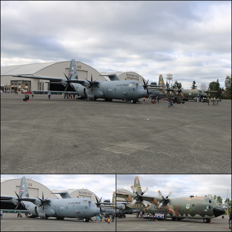 current USAF Lockheed Martin C-130J Super Hercules and a retired Lockheed C-130E Hercules (part of the McChord Air Museum collection)