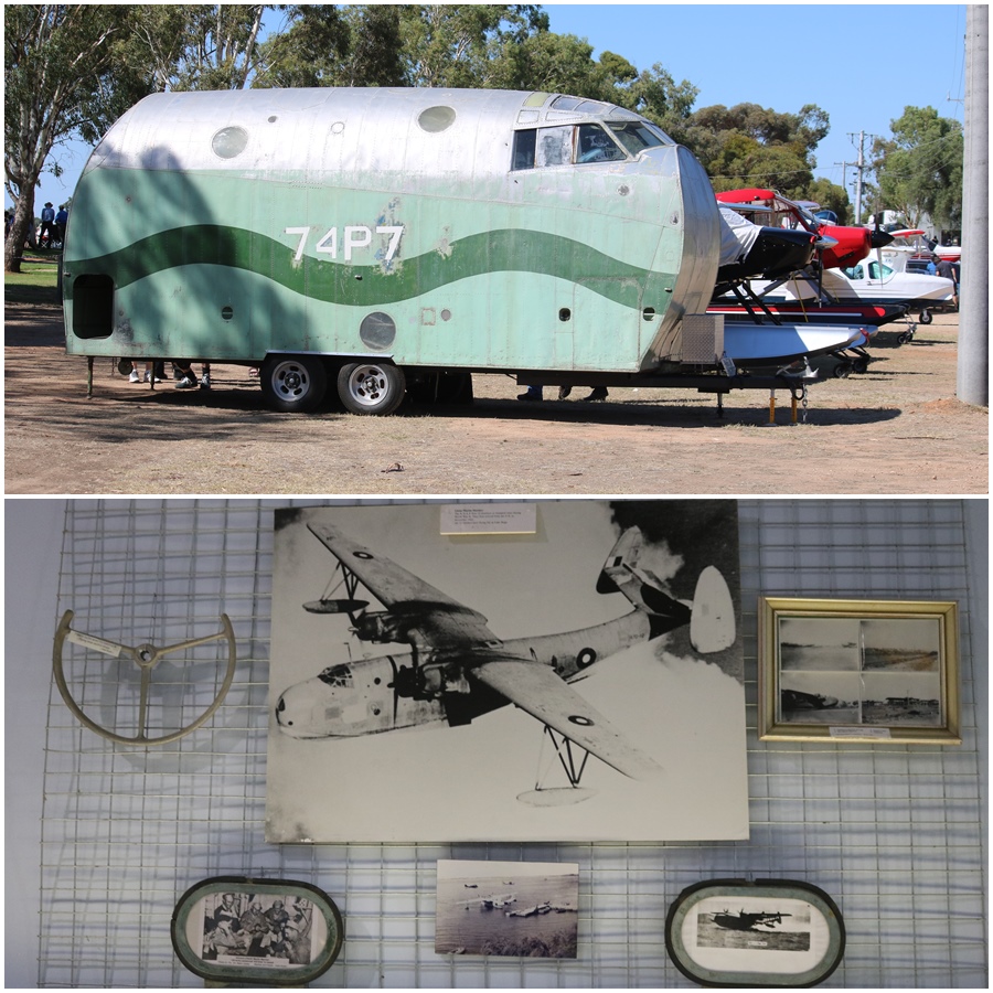 The Martin Mariner caravan and the way it would have once looked - RAAF Martin Mariner display in the Lake Boga Flying Boat Museum