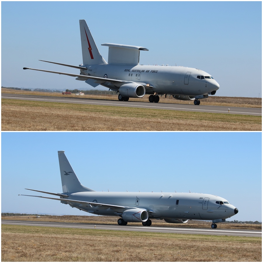 RAAF Boeing E-7A Wedgetail AEW&C aircraft and Boeing P-8A Poseidon maritime patrol aircraft return from their flying display at Avalon 2017