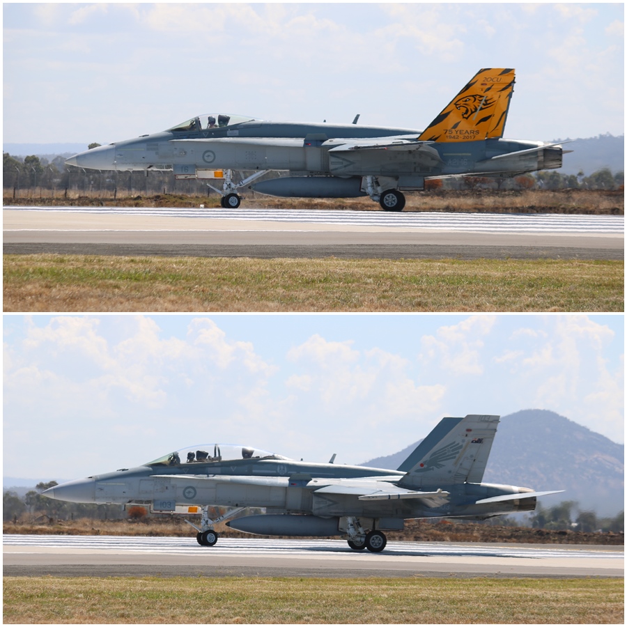 RAAF 2OCU F/A-18A with a commemorative 75 year tail scheme and a No. 3 Squadron F/A-18B two-seat combat trainer taxi for take off at Avalon 2017