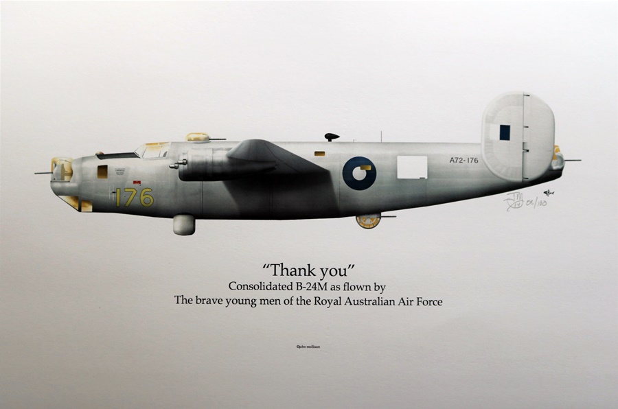 A limited edition print by John Mollison (mine is 8/100) of B-24M A72-176 available at the Werribee B-24 Liberator Memorial Restoration