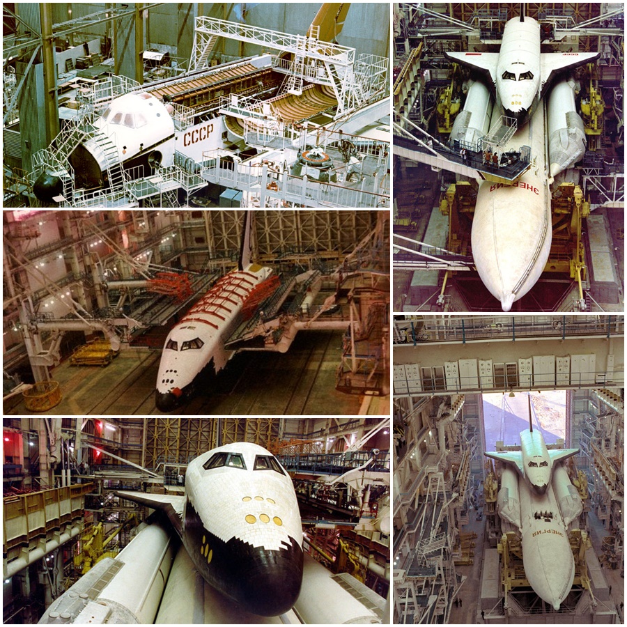 Buran OK-1K1 and Energia rocket launcher assembly in the early 1980's at the Baikonur Cosmodrome in Kazakhstan 
