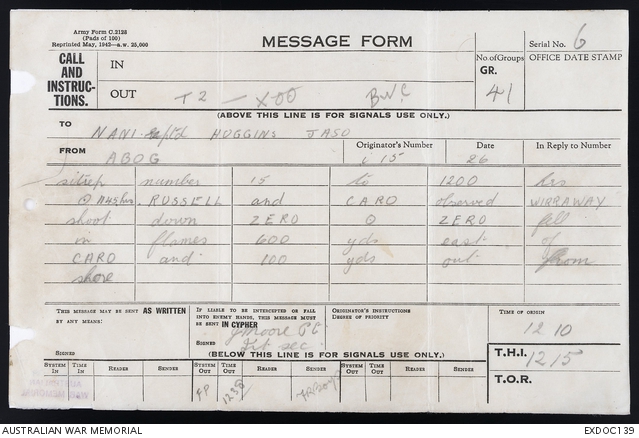 The Australian Army signal transcript advising the observation of an RAAF CAC Wirraway shooting down a "Zero" aircraft in the vicinity of Gona, New Guinea on December 26th, 1942 - this would turn out to be the Wirraway flown by J.S. Archer