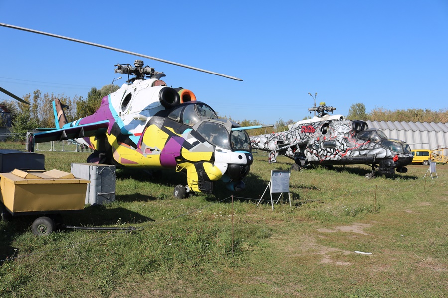 Art project Mil Mi-24V Hind E and Mi-24P Hind F at the Ukraine State Aviation Museum in Kiev Ukraine (September 2017)