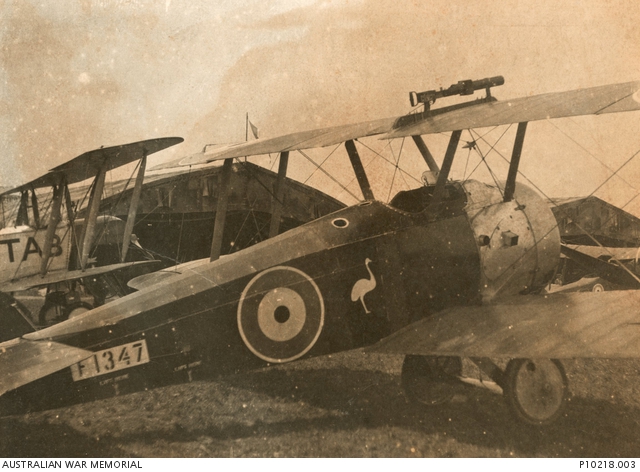 The Australian Flying Corps in World War One - Starboard side view of a Sopwith Camel training aircraft (number F1347) Circa 1917 in England, Gloucestershire at Leighterton Airfield. The emu painted on the side was a symbol of No. 8 (Training) Squadron. A Hythe gun camera is mounted on the upper wing of the aircraft with a wire running from the camera's trigger to the pilot's cockpit controls. Australian War Memorial Photo P10218.003