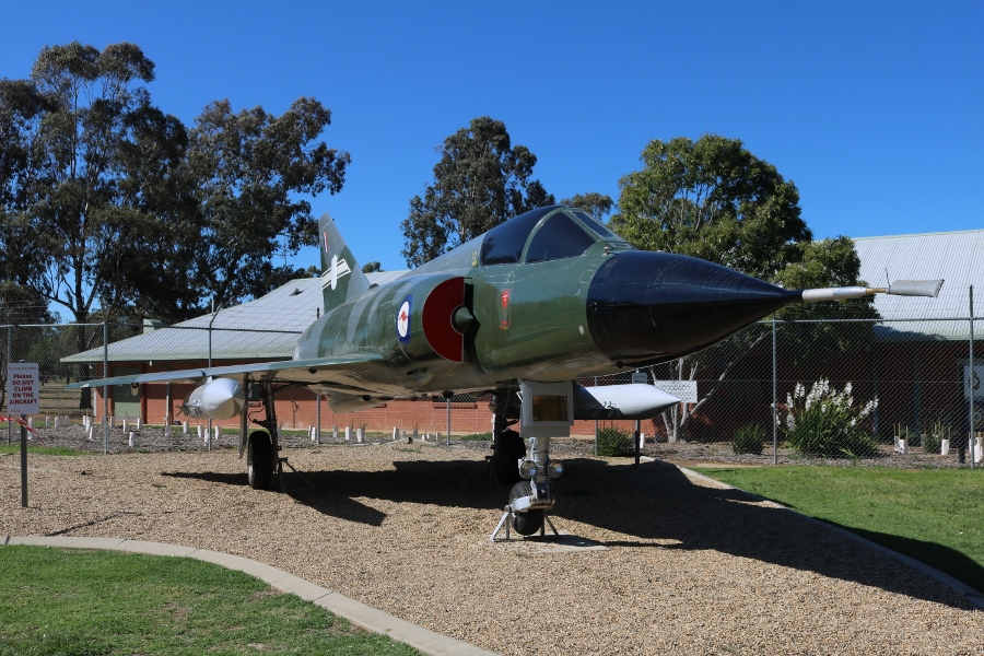 The Dassault Mirage IIIO (A3-41) interceptor was powered by a SNECMA Atar 9C turbojet engine with afterburner and armament consisted of one Matra R530 medium range radar guided air-to-air missile and either two Sidewinder AIM-9B or two Matra R550 Magic short range heat seeking air-to-air missiles plus twin 30mm DEFA cannons - RAAF Wagga Heritage Centre October 2018