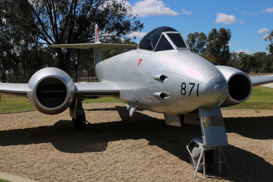 The Gloster Meteor F.8 was armed with 4 nose mounted 20mm Hispano cannons and powered by a pair of Rolls Royce Derwent 8 turbojet engines - RAAF Wagga Heritage Centre October 2018