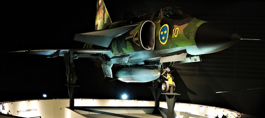Swedish Air Force Saab AJS 37 Viggen upgraded strike fighter at the Flygvapenmuseum (Swedish Air Force Museum) in Linköping, Sweden (2017)