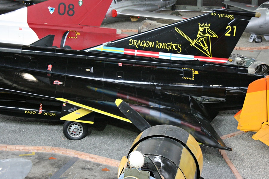 Austrian Air Force Saab 35ÖE Draken "Dragon Knights" scheme and tail markings commemorates the use of the type by the Austrian and Scandinavian Air Forces from 1960 to 2005 - Austrian Air Force Museum at Zeltweg Air Force Base in 2015