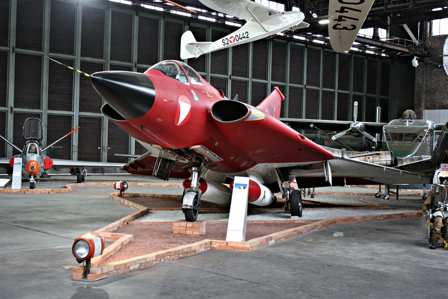 The red and white Saab 35ÖE Draken marks the 1000 year anniversary of the first documented written mention of Austria - Austrian Air Force Museum at Zeltweg Air Force Base in 2015