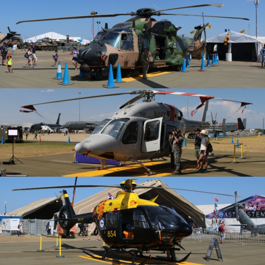 Australian Defence Force helicopters - NHIndustries MRH-90 Taipan Multi-Role Helicopter (Navy), Bell 429 (Navy - final public appearance before being sold off) and the new training Airbus EC135 T2+ (Army) Avalon Australian International Airshow 2019