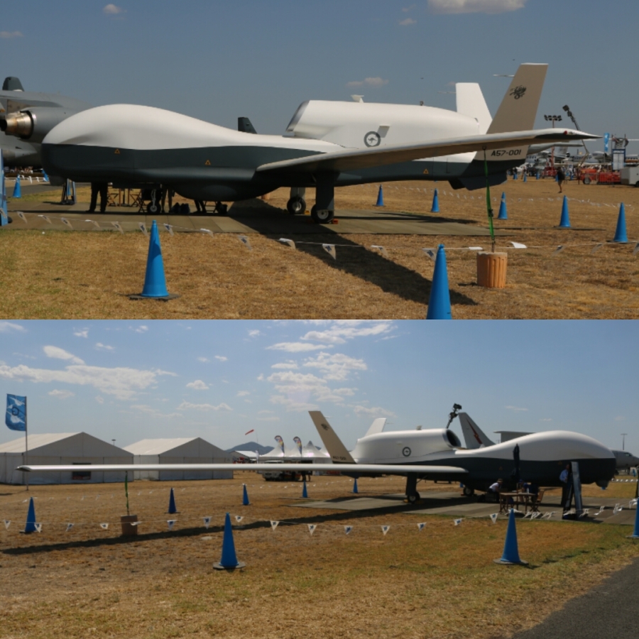 RAAF MQ-4C Triton Unmanned Aircraft System (UAS) high altitude long endurance (HALE) drone mockup - seven of the real deal will be used in the near future for maritime patrol and other surveillance role alongside the P-8A Poseidon, based out of RAAF Base Edinburgh - Avalon Australian International Airshow 2019